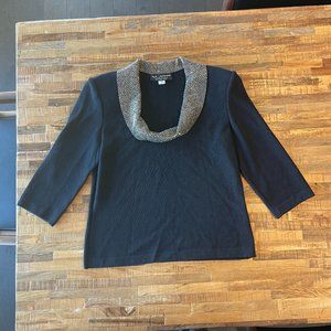 St. John Evening by Marie Gray black short sleeve top w/gold cowl neck. Size 6